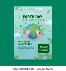 Poster advertising an Earth Day event with hands holding the globe. Suitable for environmentally themed promotions, Earth Day campaigns, and sustainability events