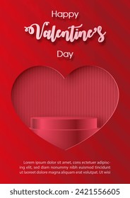 Publicidad de afiches con la etapa de producto de la celebración del día de San Valentín en 3d y estilo de corte de papel con la redacción del día de San Valentín y ejemplos de textos sobre fondo rojo. Todo en diseño vectorial.