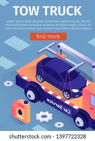Poster for Advertising Tow Truck Car Assistance Service. Mobile Application for Online Workshop, Auto Garage, Repair Station. Vector 3d Illustration with Isometric Evacuator Transporting Crashed Sedan