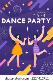 Poster, advertising. Vector, flat illustration. Dance party. The girls are dancing. Fun, decorations, confetti.