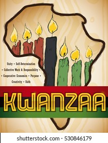 Poster with Africa map silhouette and candles inside of it in hand drawn style with the seven principles of African Heritage for Kwanzaa celebration.