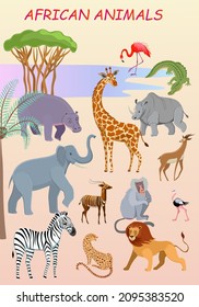Poster with African animals. Giraffe, elephant, lion, bongo, flamingo, crocodile, baboon, cheetah, hippo, rhino, ostrich, impala, zebra. Vector illustration.
