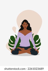 Poster with African girl doing yoga. Poster for yoga center. Vector illustration. Yoga Day.