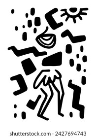 Poster with African motifs. Ethnic dances. Asymmetric spots of arbitrary shape. Stylized sun. Abstract illustration in cartoon style. African necklace. Black and white illustration for engraving.