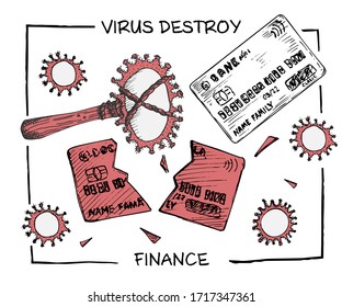 Poster against coronavirus epidemic with text virus destroy finance. Design concept for economic and financial information projects. Ancient hammer breaks credit card Sketch style Vector Illustrations