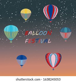 Poster with air balloons on the night sky background. Colorful aerostat - festival illustration, holiday greeting