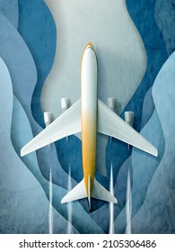 Poster with an airplane in the clouds in blue tones. Art background in paper cut style for design, wallpaper, banner