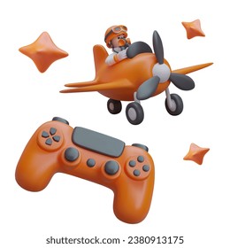 Poster with airplane control game. Cartoon character in plane and game console. War computer game concept. Vector illustration in orange colors in 3d style