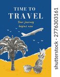 Poster with an airplane flying over a palm tree and pineapple on the beach. Trendy halftone collage. Travel concept with landscapes for a summer vacation. Graphic illustration of a tropical adventure.
