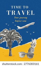 Poster with an airplane flying over a palm tree and pineapple on the beach. Trendy halftone collage. Travel concept with landscapes for a summer vacation. Graphic illustration of a tropical adventure.