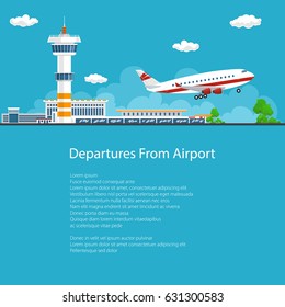 Poster Airplane Takes Off from the Airport ,Control Tower and Airplane on the Background of the City and the Text, Brochure Flyer Design, Air Travel and Transportation, Vector Illustration