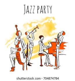 Poster Or Album Cover For Jazz Band. A Quartet In Concert Of Jazz Music. Vector Illustration In Sketch Style, Isolated On White Background.