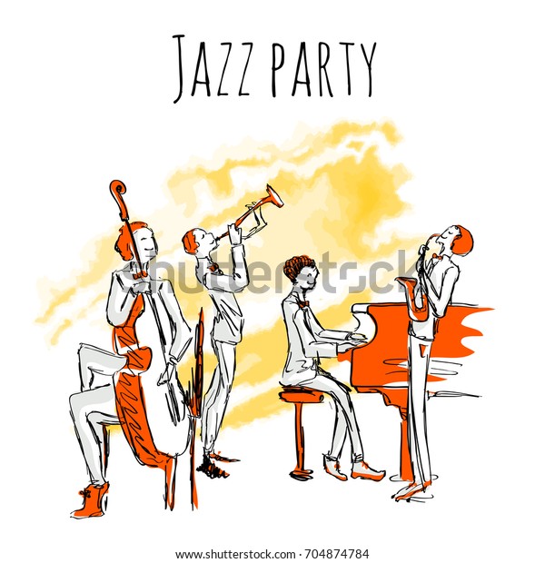 ジャズバンドのポスターやアルバムカバー ジャズ音楽の4重奏 白い背景にスケッチスタイルのベクターイラスト のベクター画像素材 ロイヤリティフリー