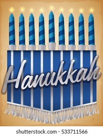 Poster with all lighted blue candles in pennant with fringes like hanukiah for last day of Hanukkah celebration.