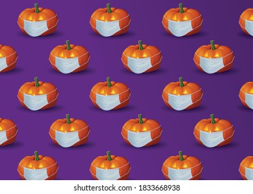 A poster at All Saints' Eve 2020 featuring pumpkins wearing medical masks during the coronavirus. Concept picture for halloween during the virus epidemic and quarantine. Keep your distance. Vector