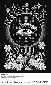 Poster with all seeing eye, mushrooms, stars, crystals of gemstones, flowers, editable text style. Concept of sacred spirit, magic, extended mind. Magic, mystical surreal illustration. Retro style