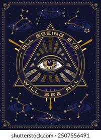 Poster with with all seeing eye, eye of providence, zodiacal constellations, text. Concept of harmony of universe, wisdom, secret knowledge, extended mind. Mystical boho illustration in vintage style