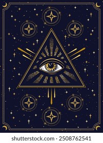 Poster with with all seeing eye, eye of providence in pyramid. Concept of harmony of universe, wisdom, secret knowledge, extended mind. Mystical boho illustration in vintage style.