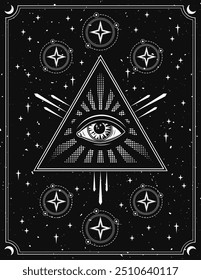Poster with with all seeing eye, eye of providence in pyramid. Concept of harmony of universe, wisdom, secret knowledge, extended mind. Mystical boho illustration in vintage style.