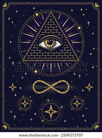 Poster with with all seeing eye, eye of providence in pyramid, infinity sign. Concept of harmony of universe, wisdom, secret knowledge, extended mind. Mystical boho illustration in vintage style.