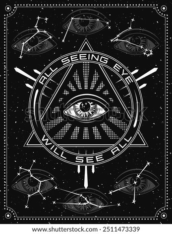 Poster with with all seeing eye, eye of providence, zodiacal constellations, text. Concept of harmony of universe, wisdom, secret knowledge, extended mind. Mystical boho illustration in vintage style