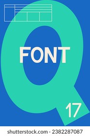 Poster with alphabet concept. Flyer, booklet and leaflet. Green letter Q at blue background. Typography and calligraphy. Beauty, aesthetics and elegance. Cartoon flat vector illustration
