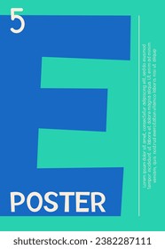 Poster with alphabet concept. Flyer, booklet and leaflet. Blue letter E at green background. Graphic element for website. Typography and calligraphy. Cartoon flat vector illustration