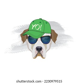 The poster of the American Bulldog Dog portrait in hip-hop hat. Vector illustration.