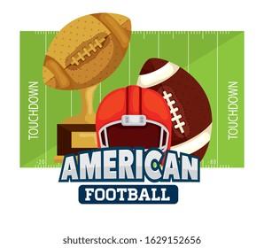 poster of american football with ball and icons vector illustration design