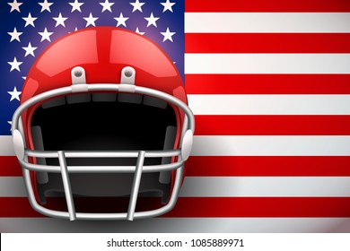 Poster of American Football Helmet on USA Flag Backgound. National Games. Sport equipment and gear. Vector Illustration