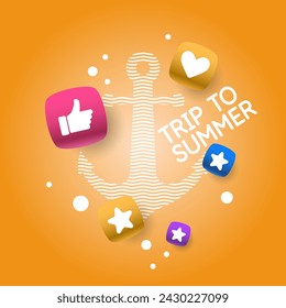 Poster with an anchor, waves and text, summer travel, on a dark yellow background in a simple linear style