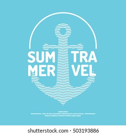 Poster with an anchor, waves and text, summer travel, on a blue background in a simple linear style