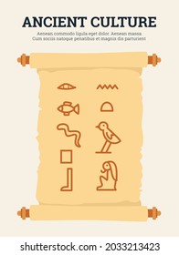 Poster with ancient egyptian parchment, old papyrus with signs or egypt gods names written in hieroglyphs. Symbol of ancient culture and civilisation. Flat vector illustration.