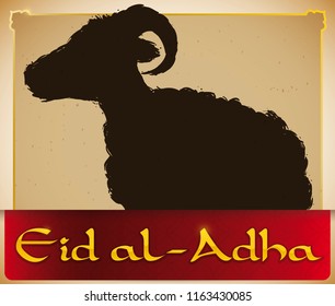 Poster with and ancient scroll with ram silhouette in brush stroke style and red ribbon to celebrate Muslim Eid al-Adha or Festival of the Sacrifice.