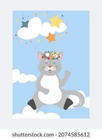 Poster with animal concept. Cute fluffy cat with wreath on his head smiles and waves. Design element for greeting cards, covers and wall decoration in children room. Cartoon flat vector illustration