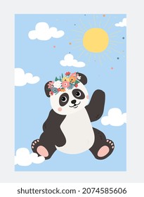 Poster with animal concept. Cute wild panda with flower wreath on his head waving his paw. Design element for greeting cards and wall decoration in children room. Cartoon flat vector illustration