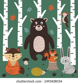poster with animals in the forest in Scandinavian style - vector illustration, eps    