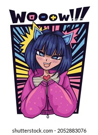 Poster Anime girl with dark blue hairstyle and cat ears . Cute cartoon asian teenager character t shirt design. 