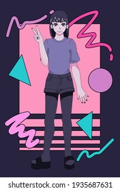 Poster with anime girl personage, cartoon female character. Cover illustration in vaporwave and memphis aesthetics style of the 90's.