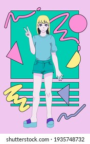 Poster with anime girl personage, cartoon female character. Cover illustration in vaporwave and memphis aesthetics style of the 90's.