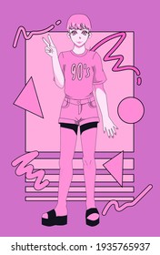 Poster with anime girl personage, cartoon female character. Cover illustration in vaporwave and memphis aesthetics style of the 90's.