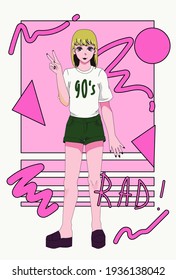 Poster with anime girl personage, cartoon female character. Cover illustration in vaporwave and memphis aesthetics style of the 90's.