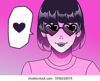 Poster with anime girl personage, cartoon female character. Cover illustration in vaporwave and retrowave aesthetics style.