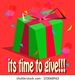 poster announcing dates of giving and sharing, a green box with red ribbon background with streamers and confetti.