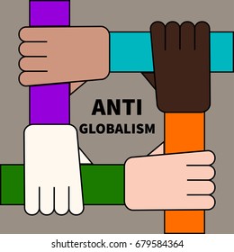 Poster anti-globalization, community, unity. His closed hand. Vector illustration