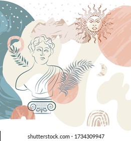 Poster with antique sculpture, abstract marble shapes, leaf. Editable vector illustration