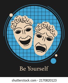 Poster with antique  theatrical masks. Ancient Greece, ancient Rome on an isolated black background