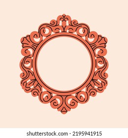 Poster with an antique vintage wood frame. Oval shape. Luxury design for royal or museum interiors concept. Hand drawn vector illustration. For print, postcard, invitation or packaging design.