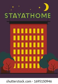 Poster with apartment building with a worldwide hashtag sign:  stayathome.  Light from all the windows, people at home. quarantine concept, flat, vector.