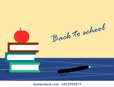 Poster with apple, books and handwritten inscription - back to school. School background. Poster for the beginning of the school year